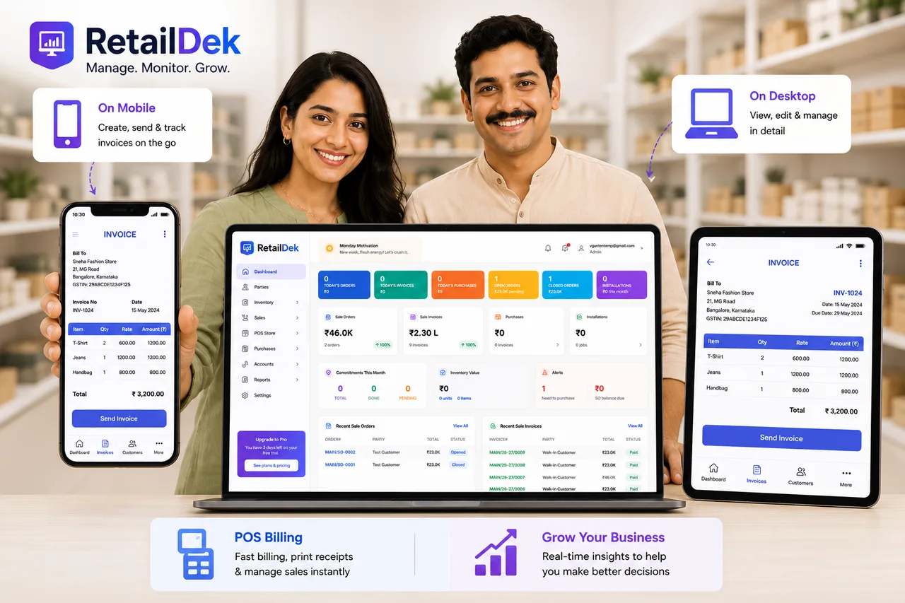 RetailDek on mobile, desktop and tablet — invoicing, dashboard, POS billing and growth insights