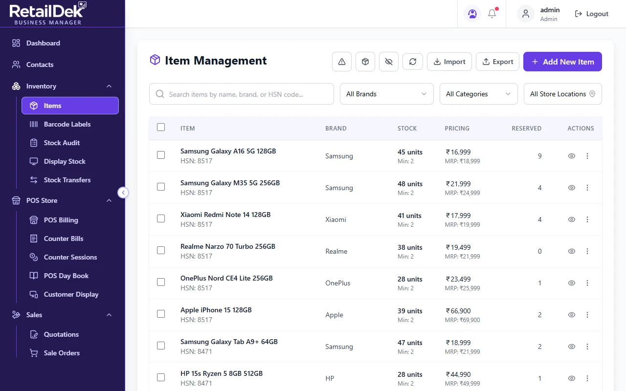RetailDek Inventory screen — Never oversell again