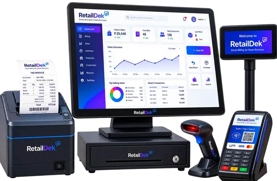 RetailDek POS billing machine — touchscreen terminal, thermal receipt printer, cash drawer, barcode scanner and UPI card machine